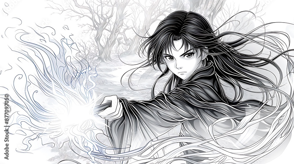 Poster create an anime coloring book page featuring a magical girl casting a spell with intricate swirling 