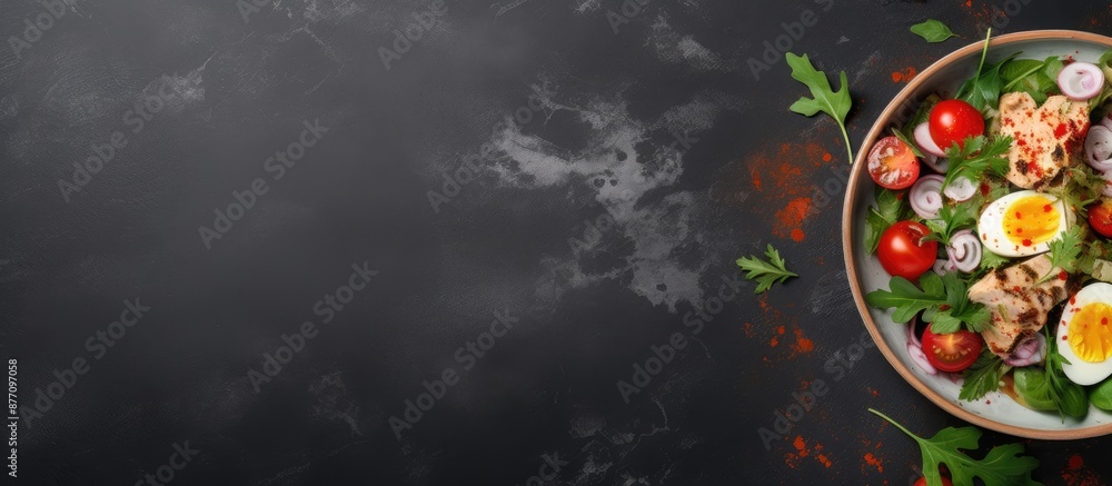 Poster a top view image of a tuna salad with eggs, vegetables, and green leaves on a dark stone background,