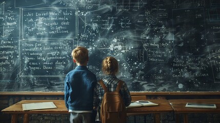 Two children looking at a large chalkboard full of scientific formulas