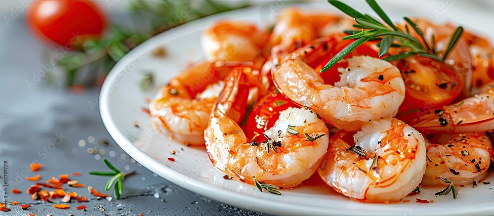 Poster fresh shrimp presented on a white plate with herb-infused tomatoes and rosemary. the backdrop featur