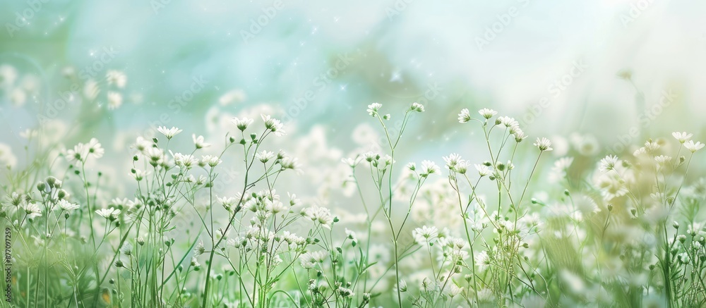 Poster a bright sunny day backdrop showcases delicate white meadow flowers, creating a serene landscape wit