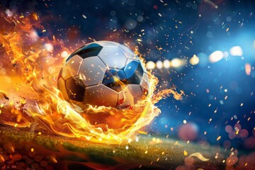 Fototapeta premium A stunning banner with a soccer ball engulfed in flames on a bright background.