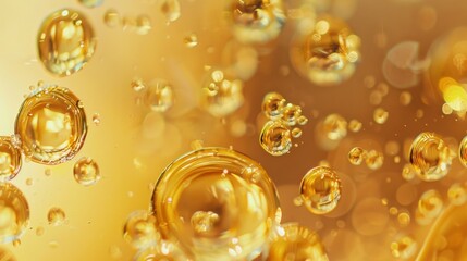 Close-up view of numerous golden bubbles suspended in a liquid, creating a mesmerizing and abstract visual effect with sparkling reflections and a warm background.