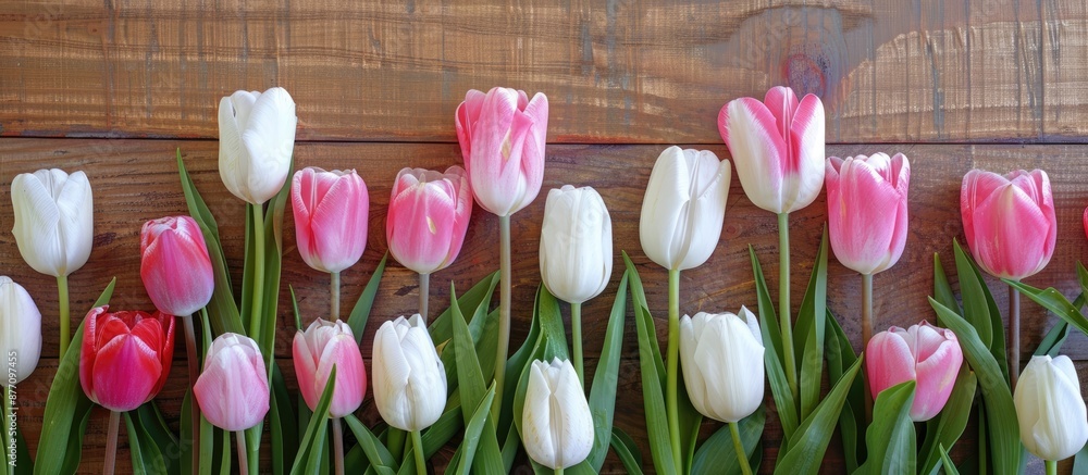 Poster pink and white tulips displayed on a wooden background with copy space image available.