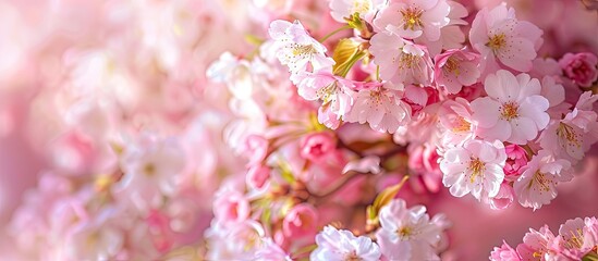 Obraz premium Close-up of blooming pink and white cherry blossoms on a Japanese cherry tree in spring, with a shallow depth of field creating a scenic copy space image.