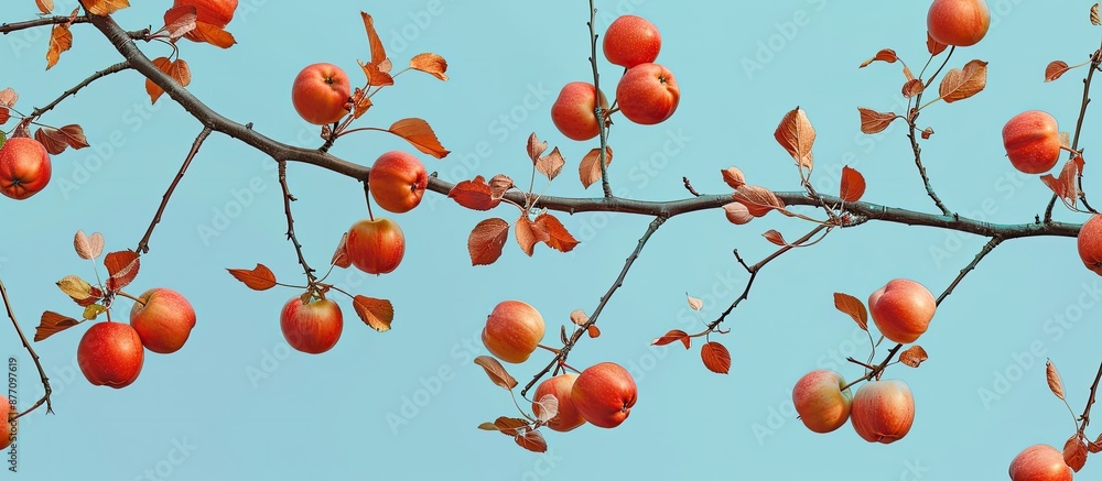 Poster A seamless pattern featuring a branch of wild Apple tree with Paradis Apples, set against a blue sky as ruddy apples create a striking contrast with copy space image.