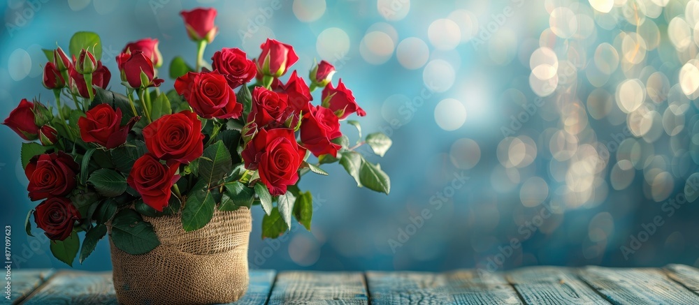 Poster red roses bouquet in a fabric box on a wooden surface with copy space image.
