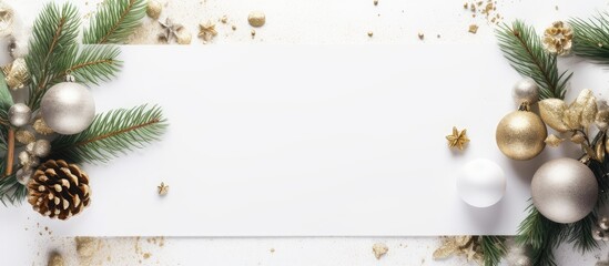 A holiday-themed arrangement featuring a frame, branches, and New Year decorations on a white background, viewed from the top with space for text or images.