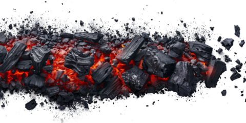 A close-up, top view of glowing, red-hot embers, with black charcoal pieces scattered around