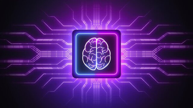 Artificial intelligence brain animation, Advanced microprocessor on circuit board, Technology of machine learning with neon light glowing lines, Motion design 4k