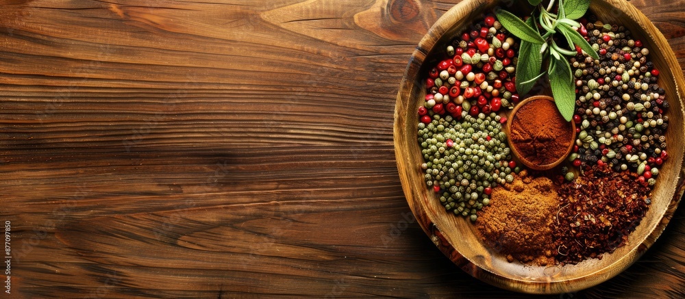 Poster top view of spices displayed on a wooden plate placed on a wooden table, with available copy space i