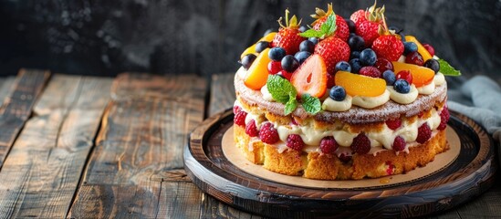 Delicious fruit cake with copy space image.