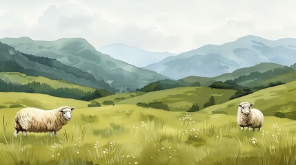 Obraz premium Peaceful valley, grazing sheep and rolling meadows, Watercolor style