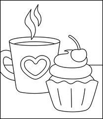 Coloring page. Cupcake and cup of hot tea. Black and white dessert. Vector