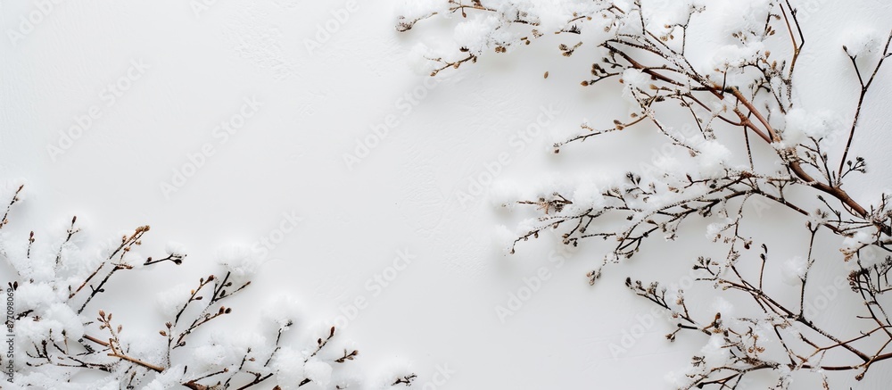 Poster snow-covered twigs on a white backdrop with a space for adding text in the image.