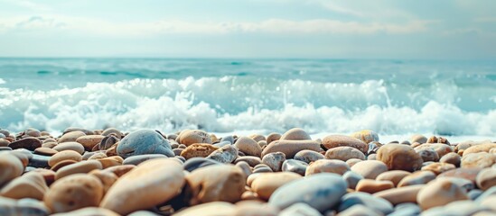 Spanish beach with stones featuring a copy space image.