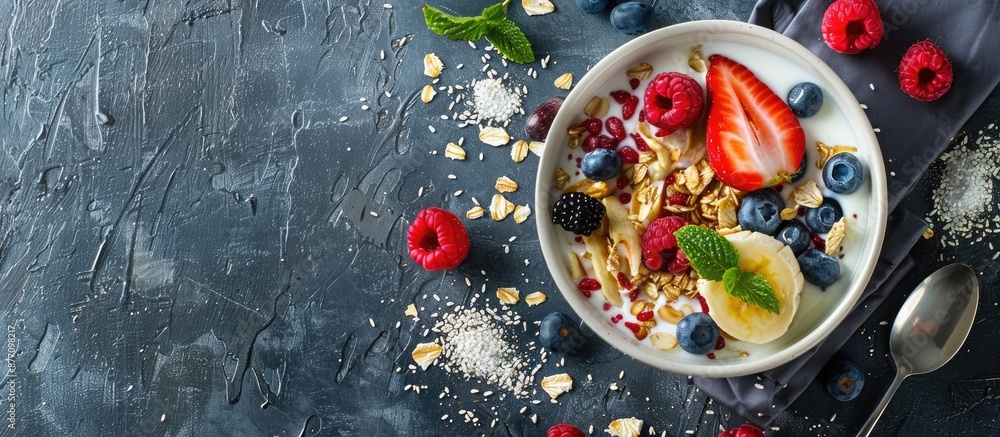 Poster A top view of a nutritious breakfast displayed on a grey backdrop, highlighting the combination of taste and healthiness with room for text or images.