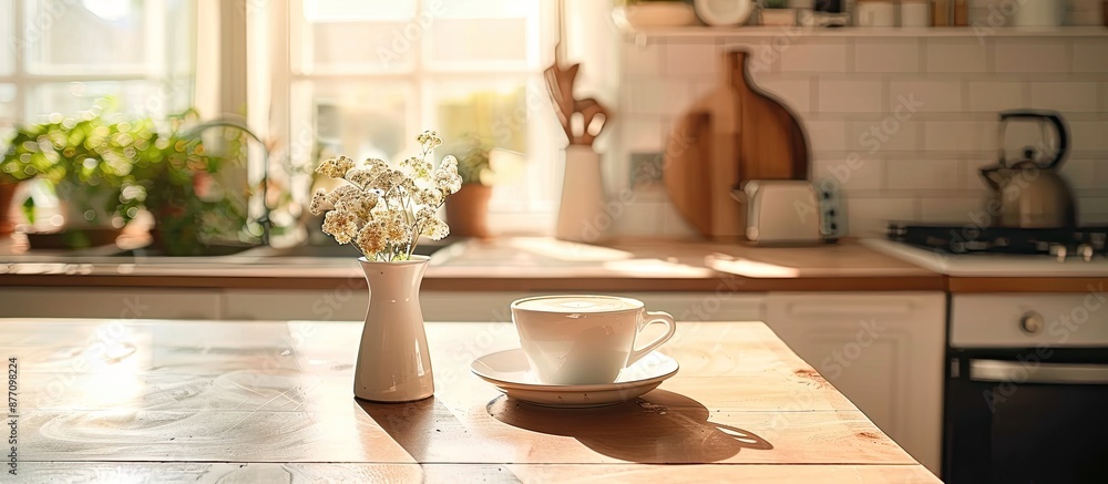 Poster a scandinavian-style kitchen studio in a bright house with a vase and a cup of coffee on the table, 