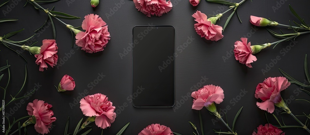 Poster carnation flowers frame a blank mobile phone screen against a black background in a copy space image