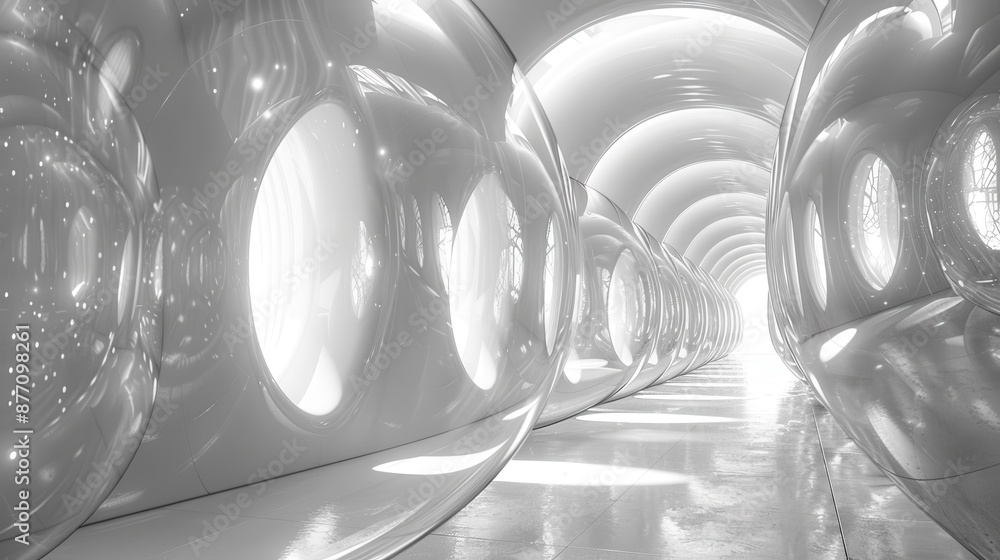 Aufkleber a futuristic hall filled with interlocking glossy spheres that are illuminated by ambient light, cre