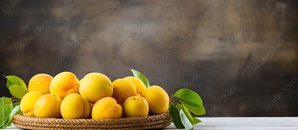 Poster close-up photo of yellow plums arranged on a wicker basket with a wooden base and stone background i