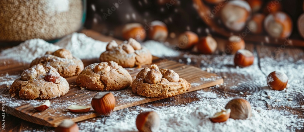 Poster hazelnut cookies on a wooden surface with scattered hazelnuts and flour, ideal for a copy space imag