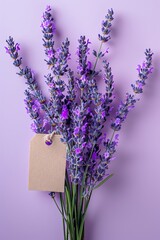 A delicate composition featuring sprigs of lavender and a blank tag on a soft purple background, ideal for a calm and soothing aesthetic