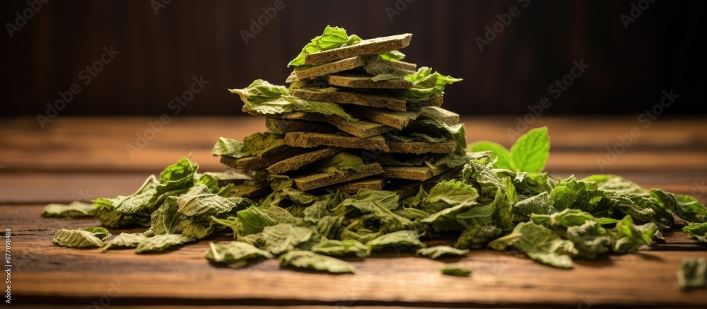 Poster Dried basil flakes stack on rustic wood, ideal as a background for a copy space image.