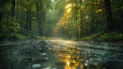 Obraz premium A serene rainy forest path illuminated by rays of dappled sunlight, offering a calming and mystical ambiance as the sunlight breaks through the thick canopy and highlights the raindrops.