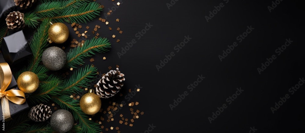 Aufkleber Top-down view of a Christmas and New Year-themed black backdrop adorned with fir decorations, offering ample room for customized text in an image.