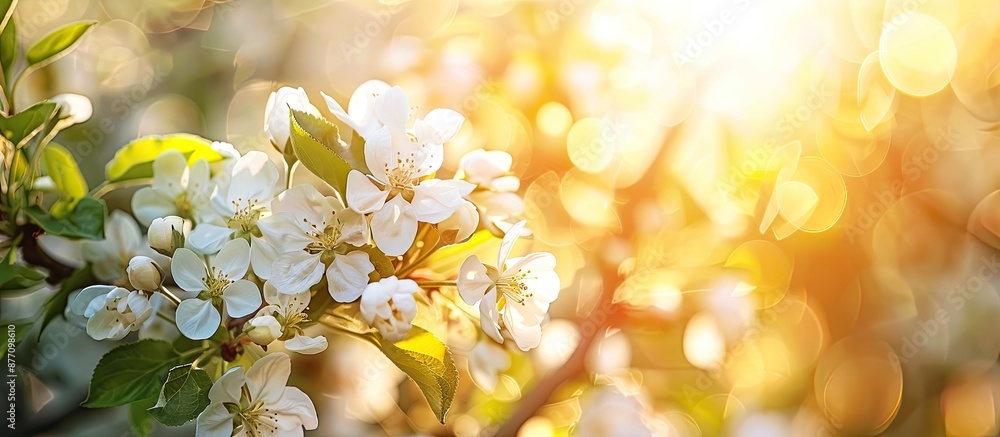 Poster a stunning apple tree branch with white blossoms basks in the sunlight during spring, creating a ser
