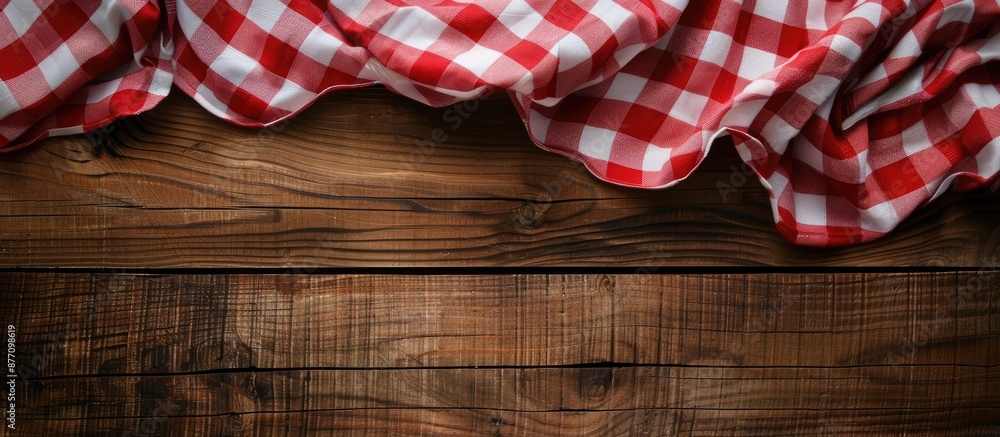 Aufkleber Checkered red and white tablecloth displayed on wooden background with copy space image.