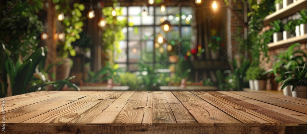 Poster a wooden table set against a blurred cafe backdrop, suitable for showcasing products through a copy 