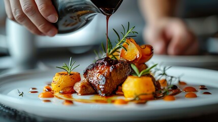 A sophisticated culinary presentation of a gourmet dish with a hand pouring a delicate sauce over a pureed garnish and roasted food