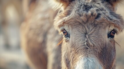 Fototapeta premium A donkey's face in tight focus with indistinct background and foreground