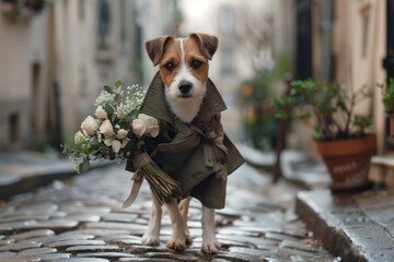 romantic dog in stylish trench coat, holding a bouquet of flowers walking the cobblestone street, romance of Paris, animals acting like humans
