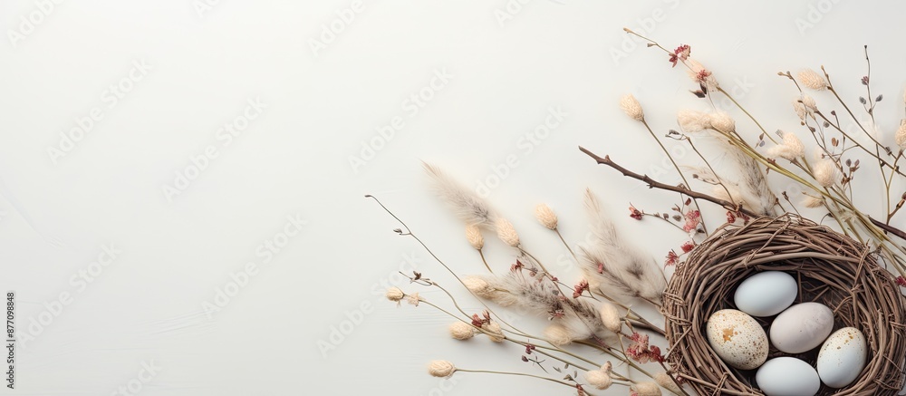 Leinwandbilder a light background with a collection of willow branches, a bunny, and painted easter eggs, creating 
