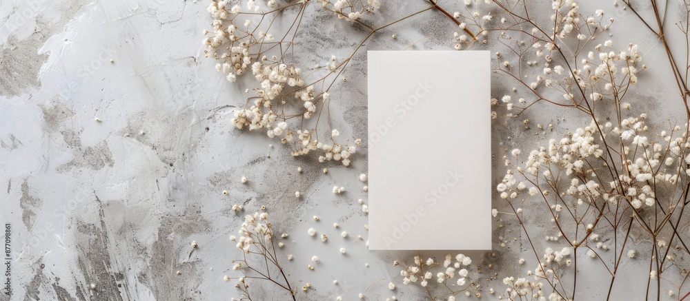 Poster top view flatlay of a greeting card mockup surrounded by dried gypsophila flower twigs on a textured
