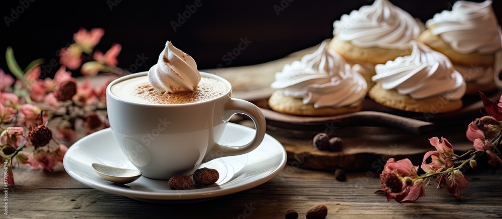 Poster a cozy cafe breakfast scene: meringue cookies, espresso, milk on a wooden table with a background of