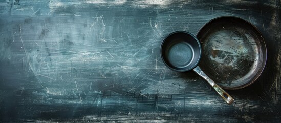 Drawing of a pan on a grubby black chalkboard with room for additional images.