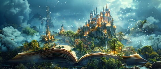 An open book unfolds a magical fantasy world with castles and mythical creatures, igniting the imagination and storytelling