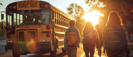 Back view of students with backpacks walking towards a yellow school bus in the warm light of a sunrise, signaling a new day of learning