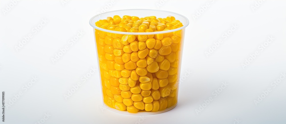 Poster corn seeds contained in a plastic cup on a white backdrop with copy space image.