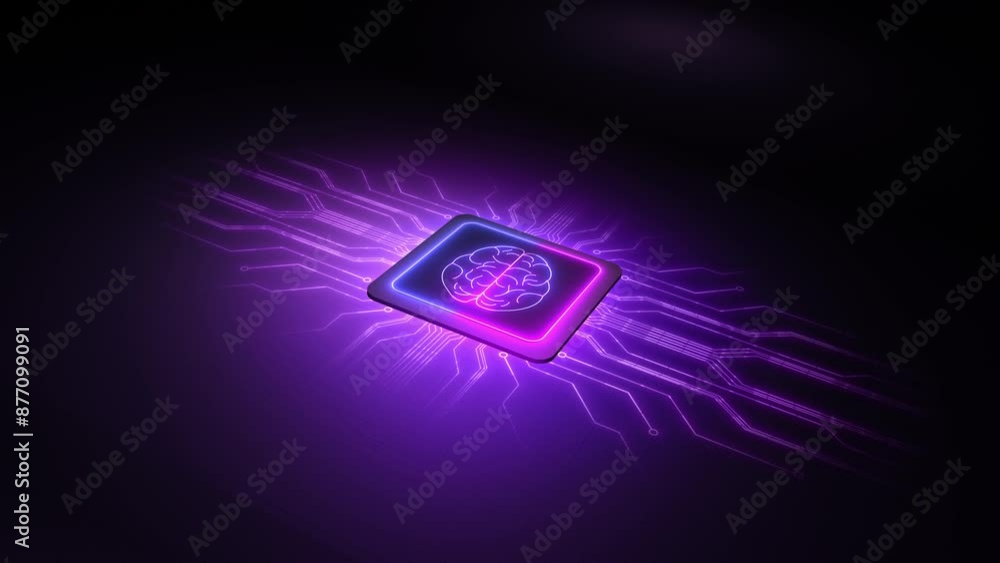 Poster advanced microprocessor on circuit board, artificial intelligence brain animation, technology of mac