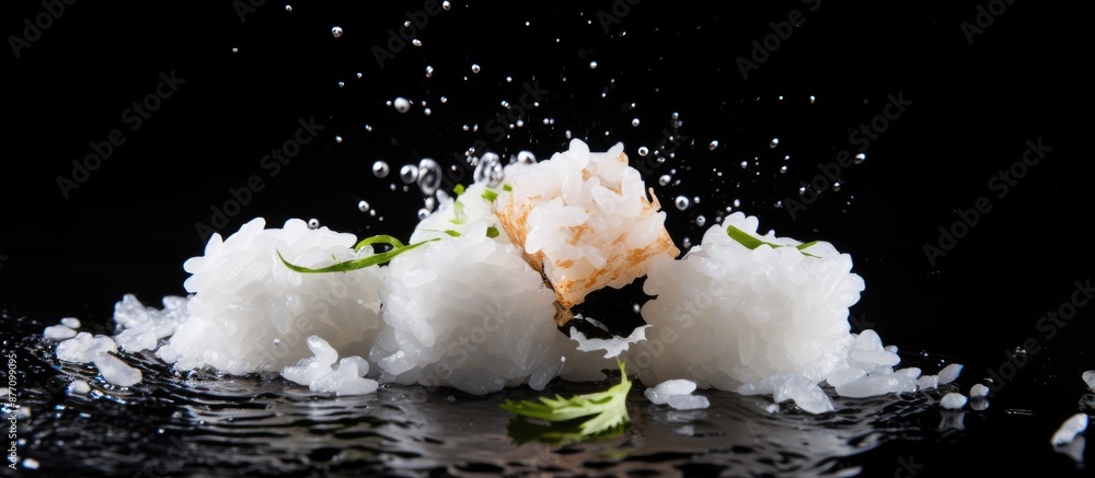 Poster close-up image of white sushi with rice flying over a black background, featuring copy space for tex