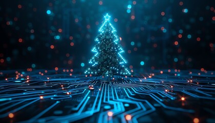 Futuristic Christmas tree with neon blue circuit board design, dark background