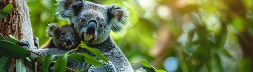 Obraz premium Koala with baby on tree, lush green background, closeup