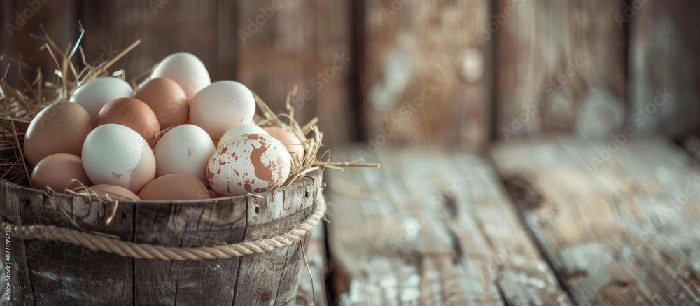 Aufkleber Eggs gathered in a wooden basket with a rustic background, creating a charming farm-inspired copy space image.