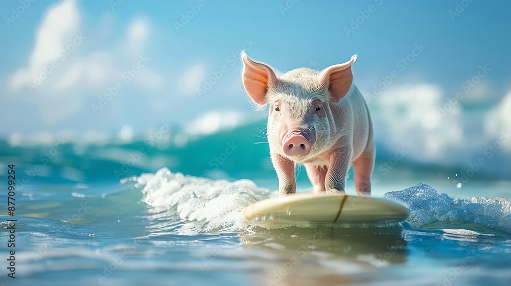 Wall mural pig surfing a wave on a surfboard under a clear sky unique and fun