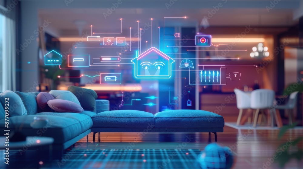 Poster smart home with iot devices connected via 5g, seamless and integrated.
